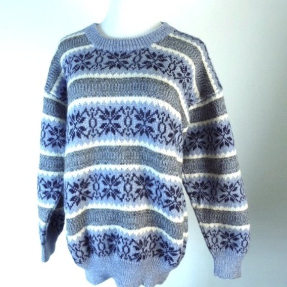 JUMPERS NEW ZEALAND FAIR ISLE wool blue gray navy cream crewneck retro sweater M - Picture 1 of 4